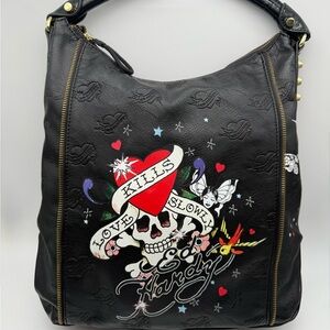 Ed Hardy Black by Christian Audigier Hobo Bag with Skull and Heart Design.